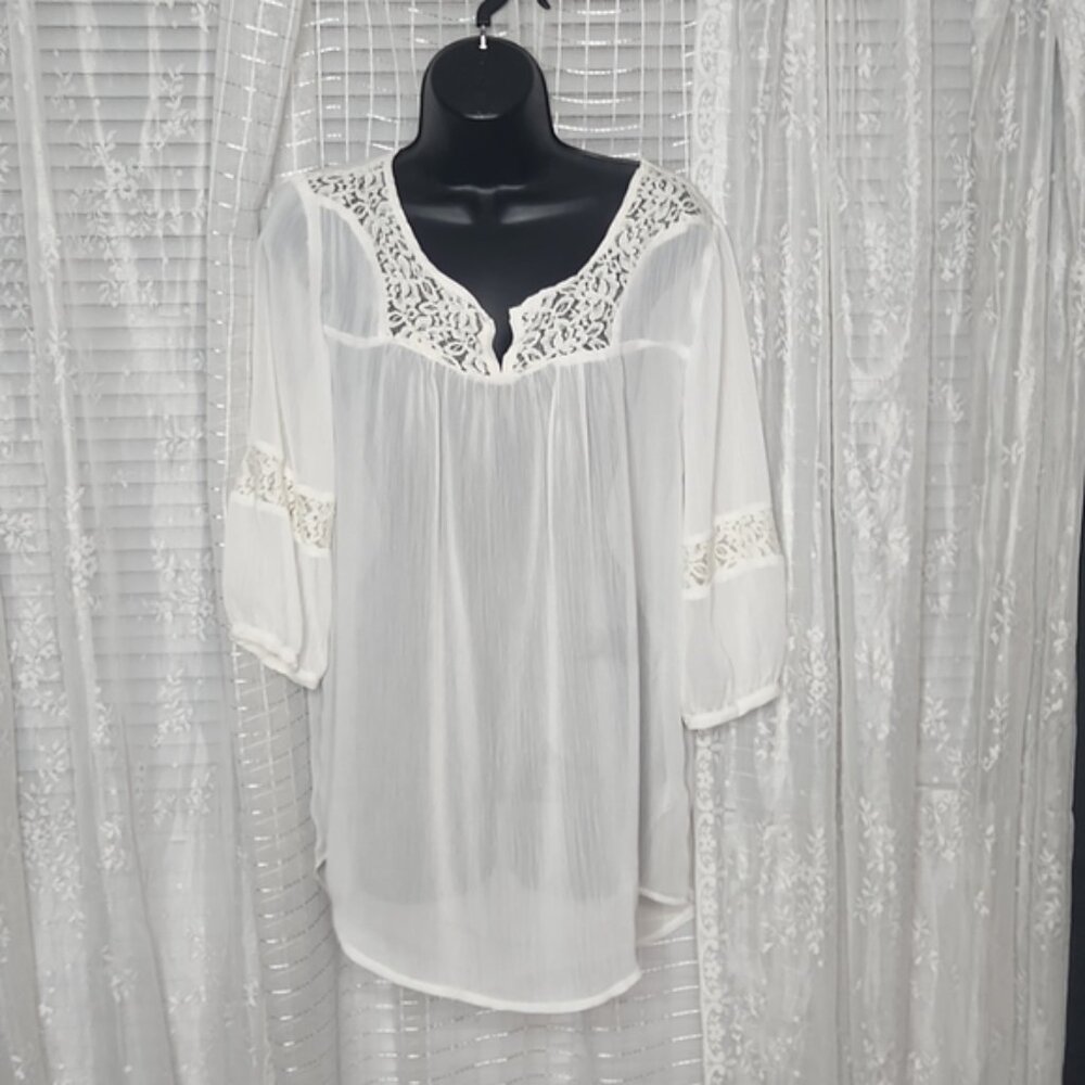 White Chiffon & Lace 3/4 Sleeve Flowy Boho Hippie Cottage Core Peasant Top SzLg